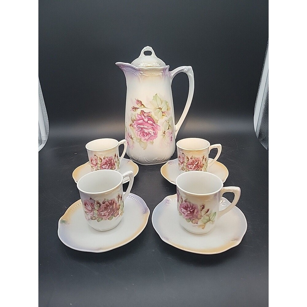 READ Vtg Pink Cabbage Rose Chocolate Pot + 4 Teacups Cups Saucers Germany Signed